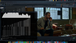 2024-01-28 - O meu Ambiente de Trabalho enquanto vejo as performances dos meus Trading Systems num terminal de Linux com C++, e assisto a uma série de tv...