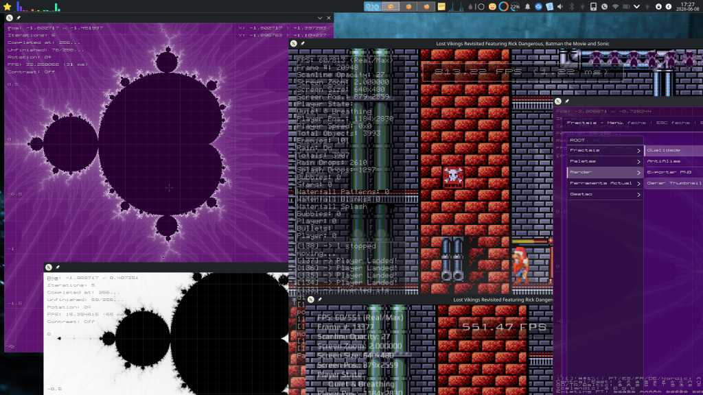 2026-06-08 - Uso de fontes Bitmap, melhoria de performance, e menus GUI no meu Explorador de Fractais e Game Engine em C++ - Global View with GUI Menus...