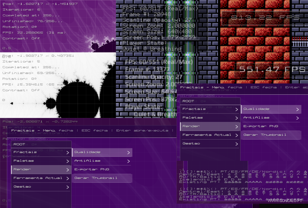 2026-06-08 - Uso de fontes Bitmap, melhoria de performance, e menus GUI no meu Explorador de Fractais e Game Engine em C++...