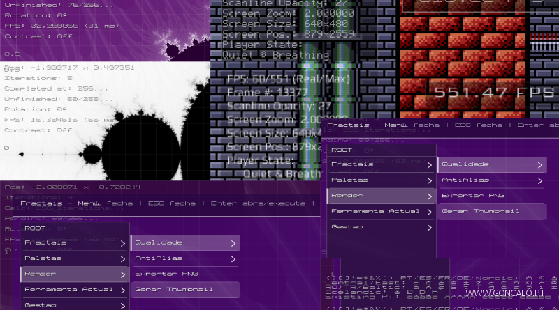 2026-06-08 - Uso de fontes Bitmap, melhoria de performance, e menus GUI no meu Explorador de Fractais e Game Engine em C++...