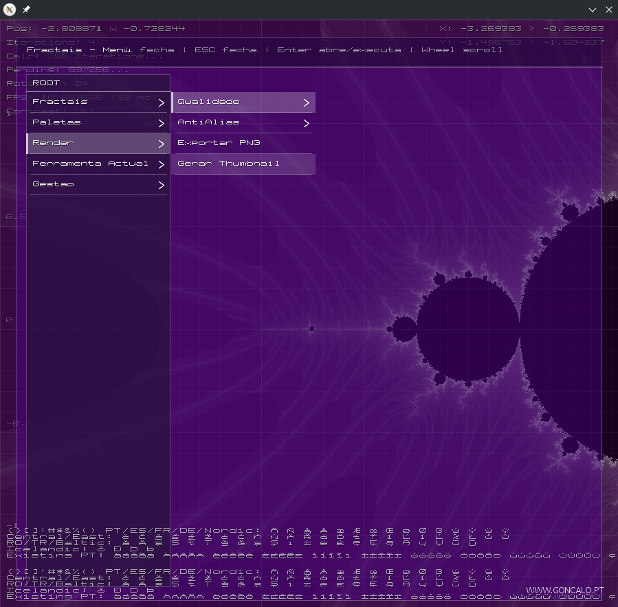 2026-06-08 - Uso de fontes Bitmap, melhoria de performance, e menus GUI no meu Explorador de Fractais e Game Engine em C++...